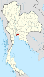 Mapa de Tailandia, con una pequeña área resaltada cerca del centro del país, cerca de la costa del Golfo de Tailandia