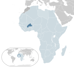 Ubicación de Burkina Faso (azul oscuro) - en África (azul y oscuro gris claro) - en la Unión Africana (azul claro) - [Leyenda]