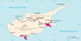Akrotiri y Dhekelia de soberanía zonas que se muestran en color rosa.