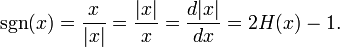 \ Sgn (x) = \ frac {x} {| x |} = \ frac {| x |} {x} = \ frac {d {| x |}} {d {x}} = 2H (x) - 1.