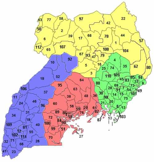Un mapa interactivo de Uganda exhibiendo sus 111 distritos y Kampala.