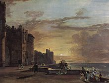 A painting of a terrace at sunset. On the left, the outer facing of a castle; on the right, the ground drops away sharply showing only the distant landscape. A handful of figures in 18th century dress walk or mingle along the terrace.