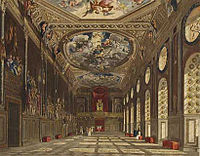 Three pictures show a changing room over time; in the first painting the room is characterised by tall, curved windows and elaborate painted ceilings. In the second painting, the room has been almost doubled in length, with arches and a wooden beamed ceiling. In the third photograph, the ceiling is made of fresh oak and a large red carpet has been installed.