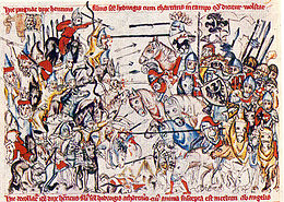 La pintura de una escena de batalla con guerreros montados a ambos lados