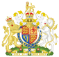 Escudo de armas que contienen el escudo y la corona en el centro, flanqueado por el león y el unicornio