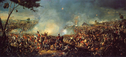 Pintura de una sangrienta batalla. Los caballos y lucha de infantería o mentira sobre césped.