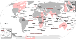 Mapa del mundo. Canadá, el este de Estados Unidos, los países del este de África, la India, la mayor parte de Australasia, y otros países están resaltados en color rosa.
