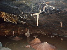 Oscuro interior de la cueva marrón con agua. Un blanco estalagmita verticalmente colgando mostrado por encima de un montículo de color marrón en el suelo de la cueva