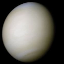 Venus en aproximadamente de color verdadero, una crema pálido casi uniforme, aunque la imagen ha sido procesada para resaltar los detalles. [1] disco del planeta es aproximadamente tres cuartas partes iluminadas. Casi ninguna variación o detalle se puede ver en las nubes.