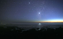 Una fotografía del cielo nocturno tomado de la orilla del mar. Un rayo de luz del sol está en el horizonte. Hay muchas estrellas visibles. Venus está en el centro, mucho más brillante que cualquiera de las estrellas, y su luz se puede ver reflejada en el océano.