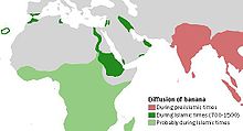 Mapa que indica que el cultivo del banano producido en los tiempos pre-islámicos en la India y el sudeste asiático, en el 700-1500 CE