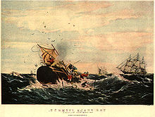 Pintura de un cachalote destruir un barco, con otros barcos en el fondo