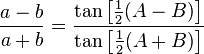 \ Frac {ab} {a + b} = \ frac {\ tan \ left [\ tfrac {1} {2} (AB) \ right]} {\ tan \ left [\ tfrac {1} {2} (A + B) \ right]}