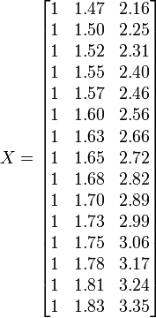 X = \ begin {bmatrix} 1 y 1,47 y 2,16 \\ 1 y 1,50 y 2,25 \\ 1 y 1,52 y 2,31 \\ 1 y 1,55 y 2,40 \\ 1 y 1,57 y 2,46 \\ 1 y 1,60 y 2,56 \\ 1 & 1 0,63 y 2,66 \\ 1 y 1,65 y 2,72 \\ 1 y 1,68 y 2,82 \\ 1 y 1,70 y 2,89 \\ 1 y 1,73 y 2,99 \\ 1 y 1,75 y 3,06 \\ 1 y 1,78 y 3,17 \\ 1 y 1. 81 y 3.24 \\ 1 y 1,83 y 3,35 \\ \ end {bmatrix}