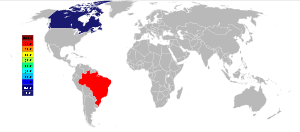 Gris y blanco Mapa mundial con Brasil de color rojo que representa el 90% de la producción mundial de niobio y Canadá coloreada en azul oscuro representa el 5% de la producción mundial de niobio