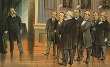Dibujo de un grupo de hombres mirando a otro hombre
