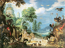Pintura de un bosque lleno de aves, incluyendo un Dodo