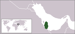 Localización y extensión de Qatar (verde) en la Península Arábiga.