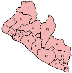 Un mapa interactivo de Liberia exhibiendo sus quince condados.