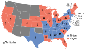 Un mapa de los Estados Unidos que muestra los resultados electorales de 1876