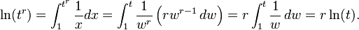 \ Ln (t ^ r) = \ int_1 ^ {t ^ r} \ frac {1} {x} dx = \ int_1 ^ t \ frac {1} {w ^ r} \ left (rw ^ {r - 1} \, dw \ right) = r \ int_1 ^ t \ frac {1} {w} \, dw = r \ ln (t).
