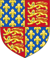 Escudo de armas con tres leones, de oro en rojo, en dos trimestres, flores de lis, oro en azul, en dos.