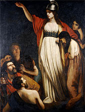 Pintura de la mujer, con el brazo extendido, con vestido blanco con capa roja y casco, con otras figuras humanas a su derecha y por debajo de ella a la izquierda.