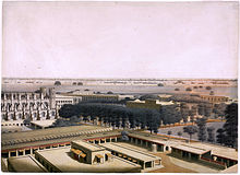 Una pintura del siglo 19 que muestra varios edificios dentro de un compuesto.