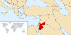 Localización y extensión de Jordania (rojo) en el Medio Oriente.
