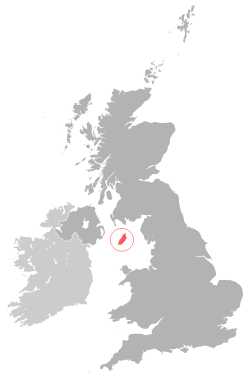 Ubicación de la Isla de Man (rojo) en el Mar de Irlanda (Manx Mar) entre Inglaterra · · Escocia Gales e Irlanda del Norte (gris oscuro)