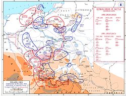 Un mapa que muestra las disposiciones de las fuerzas de oposición el 31 de agosto de 1939, con el plan alemán de ataque superpuesto.