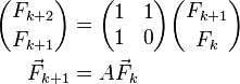 \ Begin {align} {F_ {k + 2} \ elegir F_ {k + 1}} y = \ begin {pmatrix} 1 & 1 \\ 1 & 0 \ end {pmatrix} {F_ {k + 1} \ elegir F_ {k}} \\ \ vec F_ {k + 1} y = A \ vec F_ {k} \ end {align}