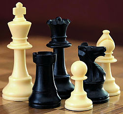 Una selección de piezas de ajedrez en blanco y negro en una superficie a cuadros.