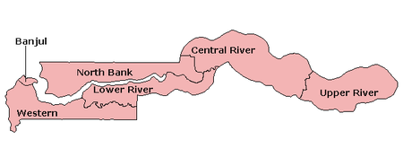Un mapa interactivo de Gambia exhibiendo sus cinco divisiones y capital.
