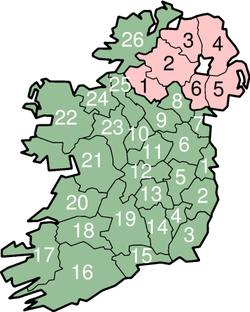 Mapa de Irlanda con los condados numeradas