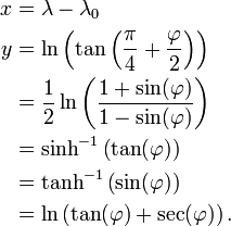 \ Begin {align} x & = \ lambda - \ lambda_0 \\ y & = \ ln \ left (\ tan \ left (\ frac {\ pi} {4} + \ frac {\ phi} {2} \ right) \ right) \\ & = \ frac {1} {2} \ ln \ left (\ frac {1 + \ sin (\ phi)} {1 - \ sin (\ phi)} \ right) \\ & = \ senh ^ {- 1} \ left (\ tan (\ phi) \ right) \\ & = \ tanh ^ {- 1} \ left (\ sin (\ phi) \ right) \\ & = \ ln \ left ( \ tan (\ phi) + \ s (\ phi) \ right). \ End {align}