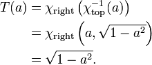 \ Begin {align} T (a) & = \ chi _ {\ mathrm {derecha}} \ left (\ chi _ {\ mathrm {superior}} ^ {- 1} (a) \ right) \\ & = \ chi_ { \ mathrm {derecha}} \ dejó (a, \ sqrt {1-a ^ 2} \ right) \\ & = \ sqrt {1-a ^ 2}. \ End {align}