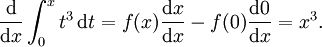 {\ Mathrm d \ over \ mathrm dx} \ int_0 ^ xt ^ 3 \, \ mathrm dt = f (x) {\ mathrm dx \ sobre \ mathrm dx} - f (0) {\ mathrm d0 \ sobre \ mathrm dx } = x ^ 3.