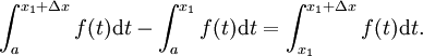 \ Int_ {a} ^ {x_1 + \ Delta x} f (t) \ mathrm dt - \ int_ {a} ^ {x_1} f (t) \ mathrm dt = \ int_ {x_1} ^ {x_1 + \ Delta x } f (t) \ mathrm dt.
