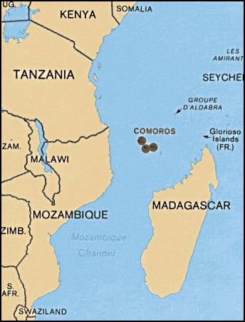 Mapa de las Comoras y el sur de África