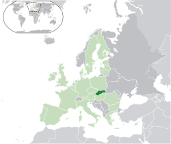 Ubicación de Eslovaquia (verde oscuro) - en Europa (verde y gris oscuro) - en la Unión Europea (verde) - [Leyenda]