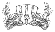 Un dibujo lineal de tres cañones, visto desde arriba, en un escudo, rodeado de un pergamino y follaje decorativo
