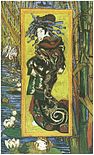Retrato multicolor de una cortesana del lejano oriente con ornamentación elaborada pelo, colorido prenda robelike, y una frontera que representa las aguas pantanosas y cañas.