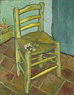 Una silla con un tubo y un hacinamiento de tabaco en ella en un piso de azulejos con un cuadro en el fondo que lee