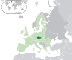 Ubicación de la República Checa (verde oscuro) - en Europa (verde y gris oscuro) - en la Unión Europea (verde) - [Leyenda]