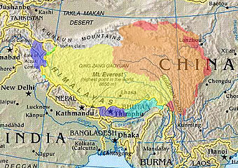 Cultural / histórica Tíbet (resaltado) representado con varios competidores reivindicaciones territoriales.