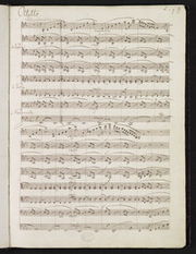 página del manuscrito de la música, terminada en tinta, con dieciséis duelas