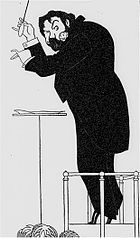 Caricature d'un homme en robe de soirée, vu de sa gauche; il porte un grand oeillet à la boutonnière et mène un orchestre sur la pointe des pieds