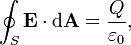 \ Oint_S \ mathbf {E} \ cdot \ mathrm {d} \ mathbf {A} = \ frac {Q} {\ varepsilon_0},