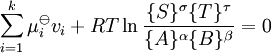 \ Sum_ {i = 1} ^ k \ mu_i ^ \ ominus v_i + RT \ ln \ frac {\ {S \ ^} \ sigma \ {T \ ^} \ tau} {\ {A \ ^} \ alpha \ { B \ ^} \ beta} = 0